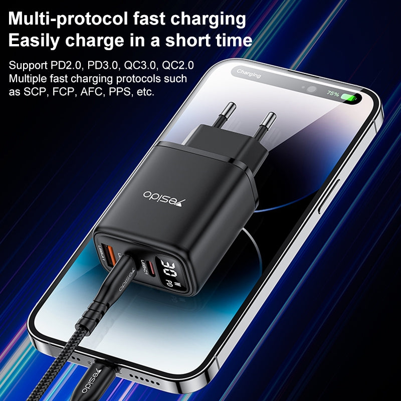 شاحن Yesido YC69 الذكي بقوة 30 واط - 3 منافذ (USB + 2x Type-C) مع شاشة عرض رقمية