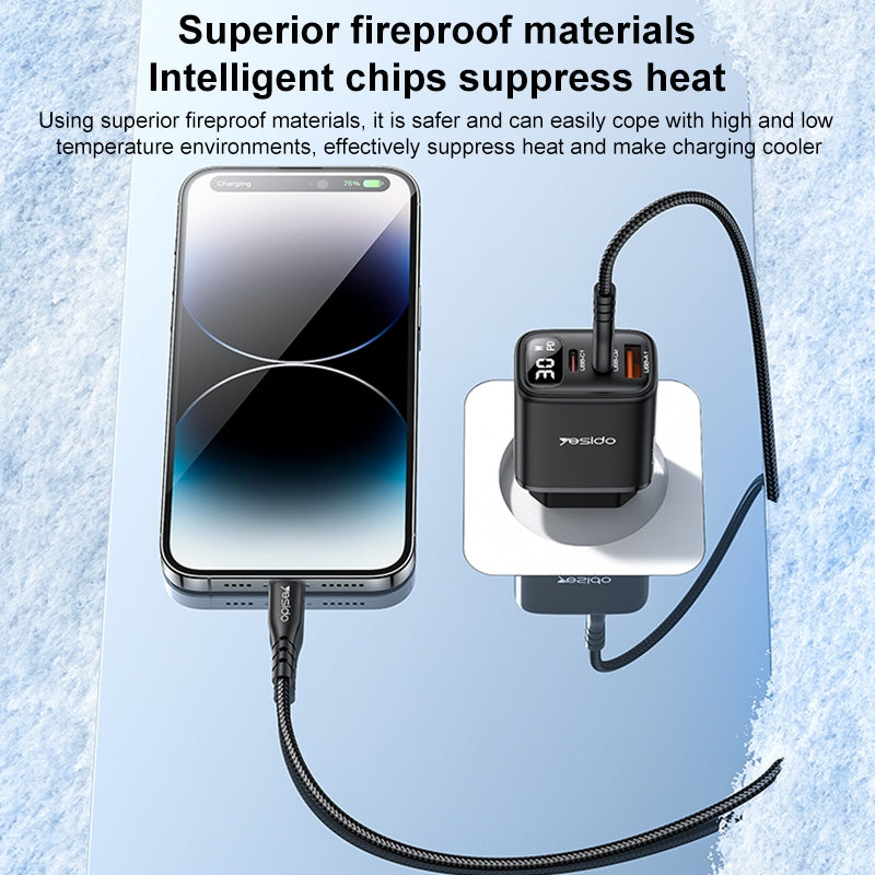 شاحن Yesido YC69 الذكي بقوة 30 واط - 3 منافذ (USB + 2x Type-C) مع شاشة عرض رقمية