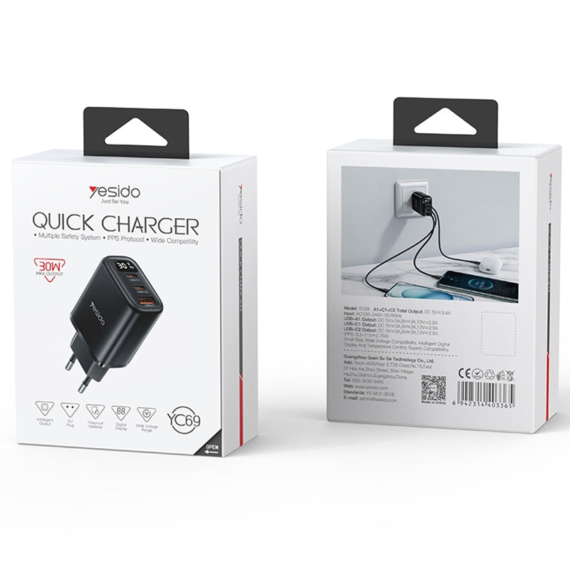 شاحن Yesido YC69 الذكي بقوة 30 واط - 3 منافذ (USB + 2x Type-C) مع شاشة عرض رقمية
