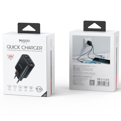 شاحن Yesido YC69 الذكي بقوة 30 واط - 3 منافذ (USB + 2x Type-C) مع شاشة عرض رقمية