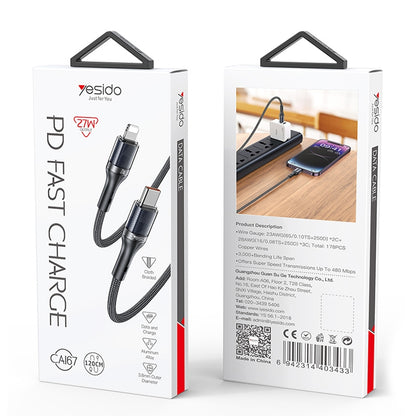 كابل يسيدو Yesido CA167 بطول 1.2 متر (Type-C إلى Lightning) بقوة 27 واط - تصميم مضفر بخيوط PP للأداء الشاق