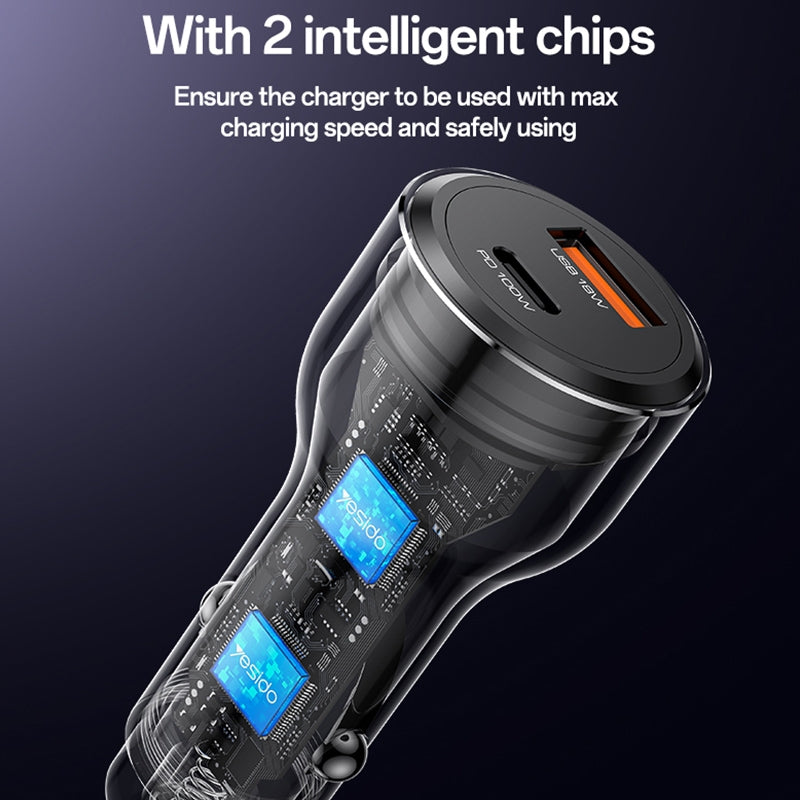 Yesido Y65 Super Fast Car Charger 118W – PD 100W Type-C + QC 18W USB Output