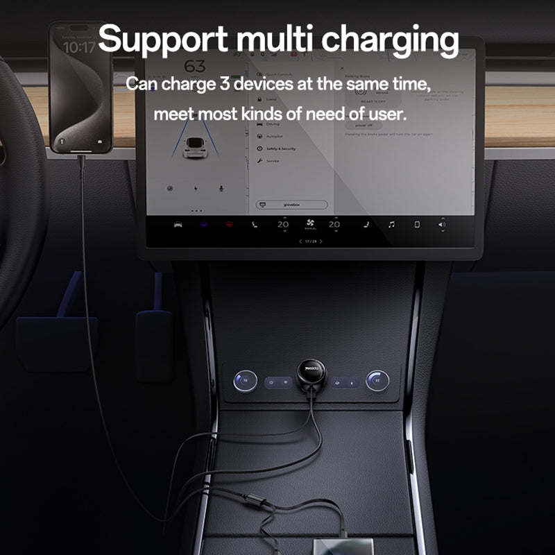 Yesido Y61 53W 3-in-1 Car Charger – Dual Retractable Cables (Type-C + Lightning) & USB Port