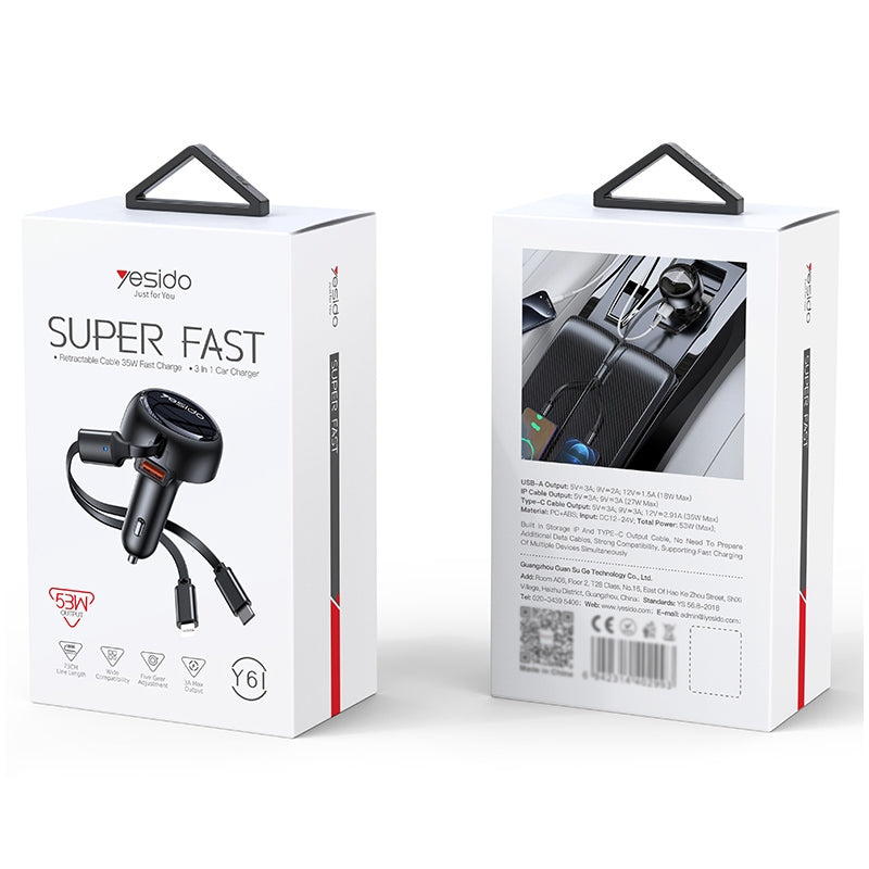 Yesido Y61 53W 3-in-1 Car Charger – Dual Retractable Cables (Type-C + Lightning) & USB Port
