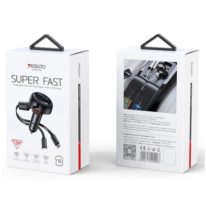 Yesido Y61 53W 3-in-1 Car Charger – Dual Retractable Cables (Type-C + Lightning) & USB Port