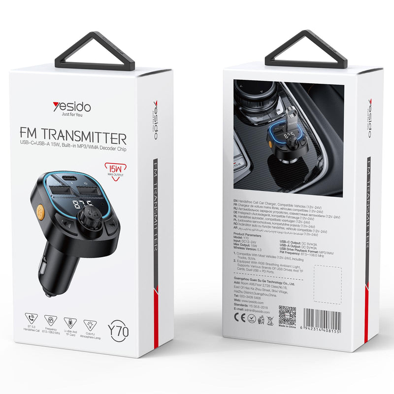 Yesido Y70 Bluetooth 5.3 FM Transmitter & Car Charger – Dual USB + Type-C Output