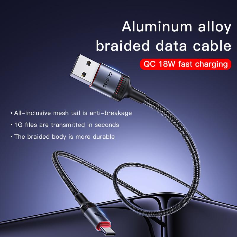 Yesido CA130C 18W Long USB-A to USB-C Cable – 2m 3-Step Molded Braided Nylon & Aluminum Alloy Connectors (3A)