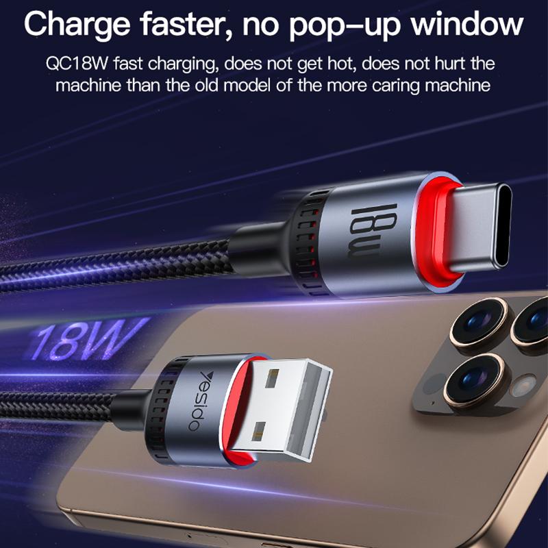 Yesido CA130C 18W Long USB-A to USB-C Cable – 2m 3-Step Molded Braided Nylon & Aluminum Alloy Connectors (3A)
