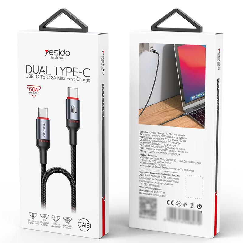 Yesido CA181 Type-C to Type-C PD 60W Fast Charging Data Cable – 1.2m Heavy-Duty 48-Braided Yarn Wire with Aluminum Alloy Shell & 3A Max Output