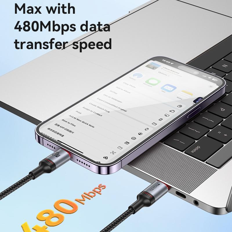 Yesido CA182 Type-C to Lightning PD 27W Fast Charging Data Cable – 1.2m Heavy-Duty 48-Braided Yarn Wire with Aluminum Alloy Shell & 3A Max Output