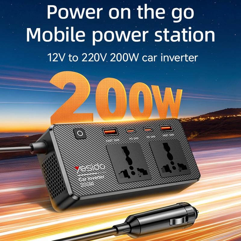 Yesido VC07 200W Car Power Inverter – AC 220V Outlet with QC3.0 & PD Fast Charging Ports (Black)
