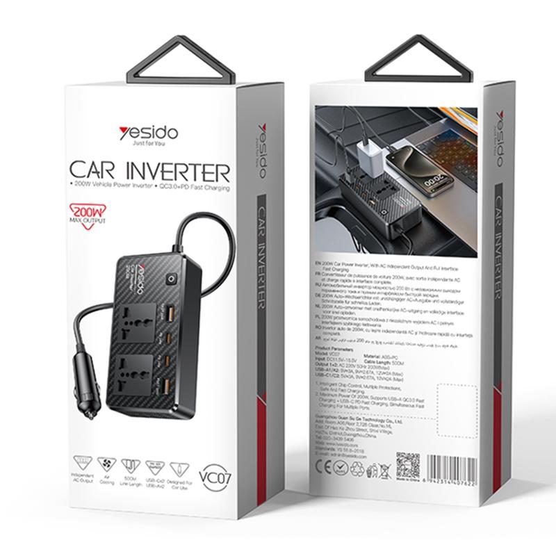Yesido VC07 200W Car Power Inverter – AC 220V Outlet with QC3.0 & PD Fast Charging Ports (Black)