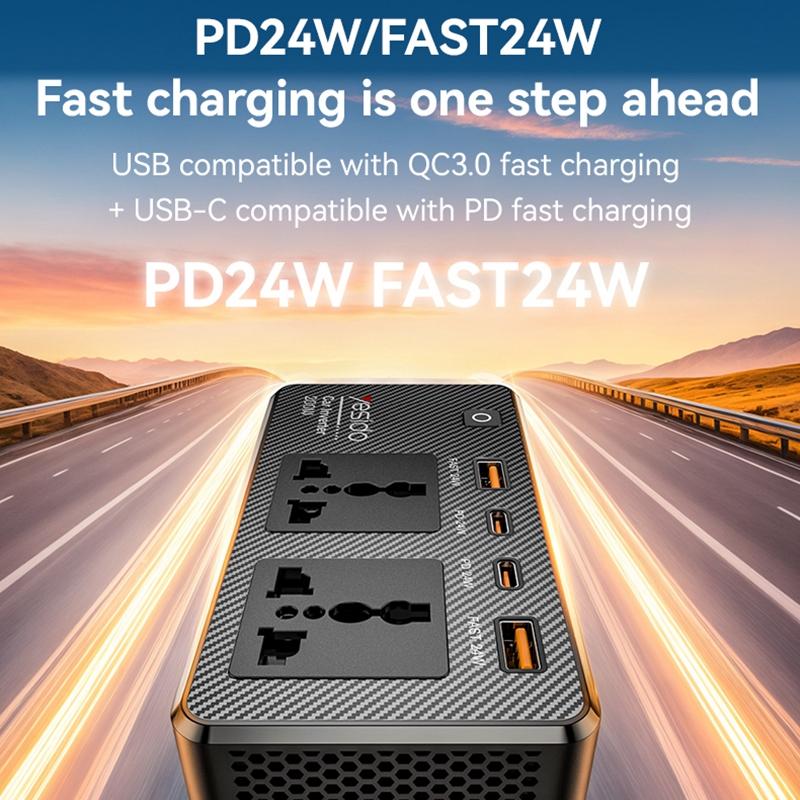 Yesido VC07 200W Car Power Inverter – AC 220V Outlet with QC3.0 & PD Fast Charging Ports (Black)