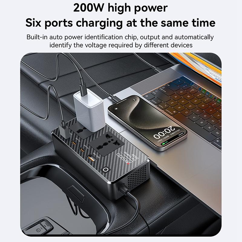 Yesido VC07 200W Car Power Inverter – AC 220V Outlet with QC3.0 & PD Fast Charging Ports (Black)