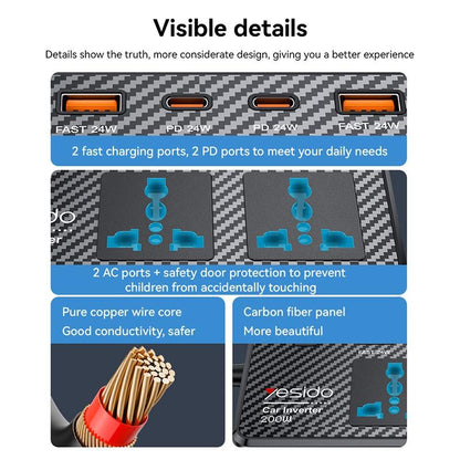 Yesido VC07 200W Car Power Inverter – AC 220V Outlet with QC3.0 & PD Fast Charging Ports (Black)