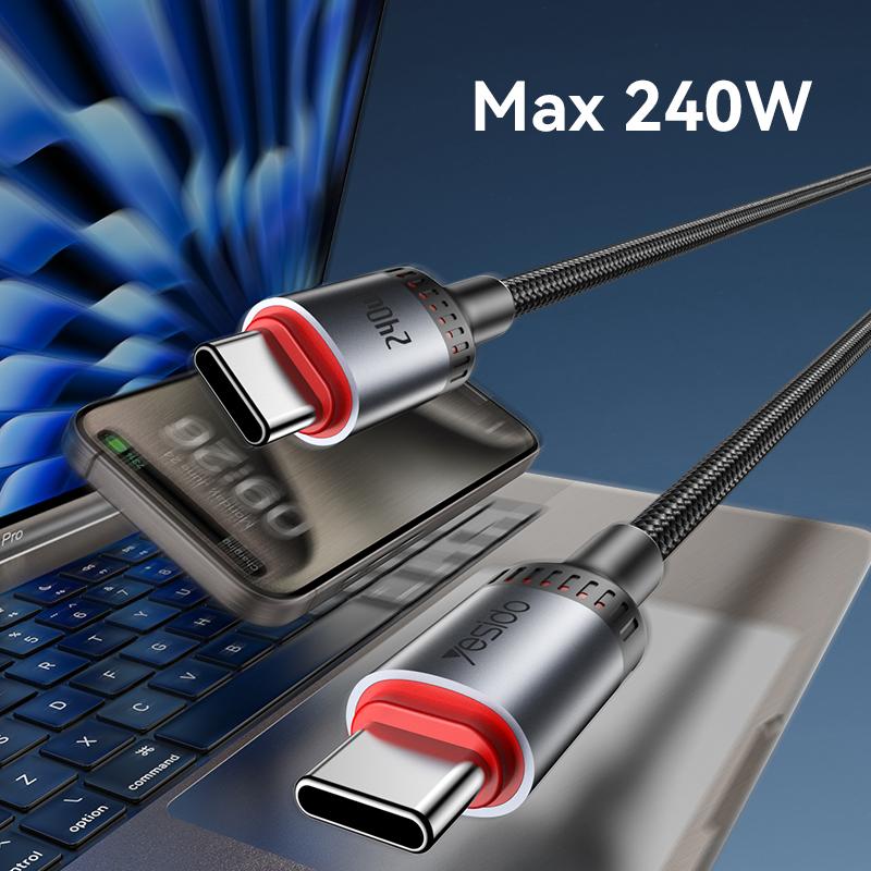 كابل يسيدو Yesido CA185 بطول 1.2 متر (Type-C إلى Type-C) بقوة شحن هائلة 240 واط - أسود