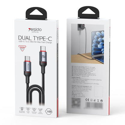 كابل يسيدو Yesido CA185 بطول 1.2 متر (Type-C إلى Type-C) بقوة شحن هائلة 240 واط - أسود