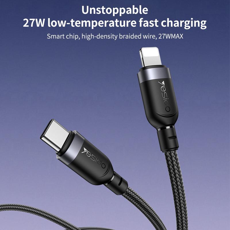 Yesido CA187 27W 3A USB-C to Lightning Charging & Data Cable – 0.3m Compact Braided Design (Black)