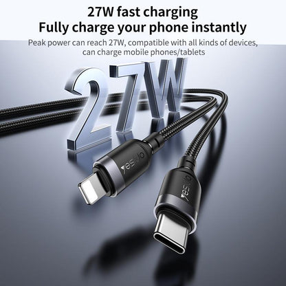 Yesido CA187 27W 3A USB-C to Lightning Charging & Data Cable – 0.3m Compact Braided Design (Black)