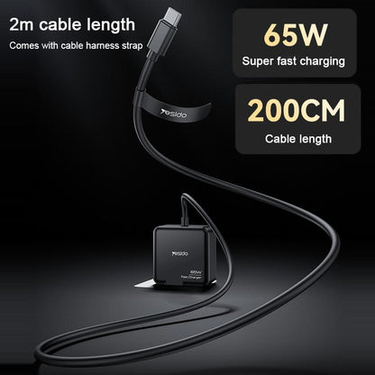 شاحن Yesido YC75 السريع بقوة 65 واط - منفذ Type-C PD مع كابل مدمج بطول 2 متر للابتوب والموبايل