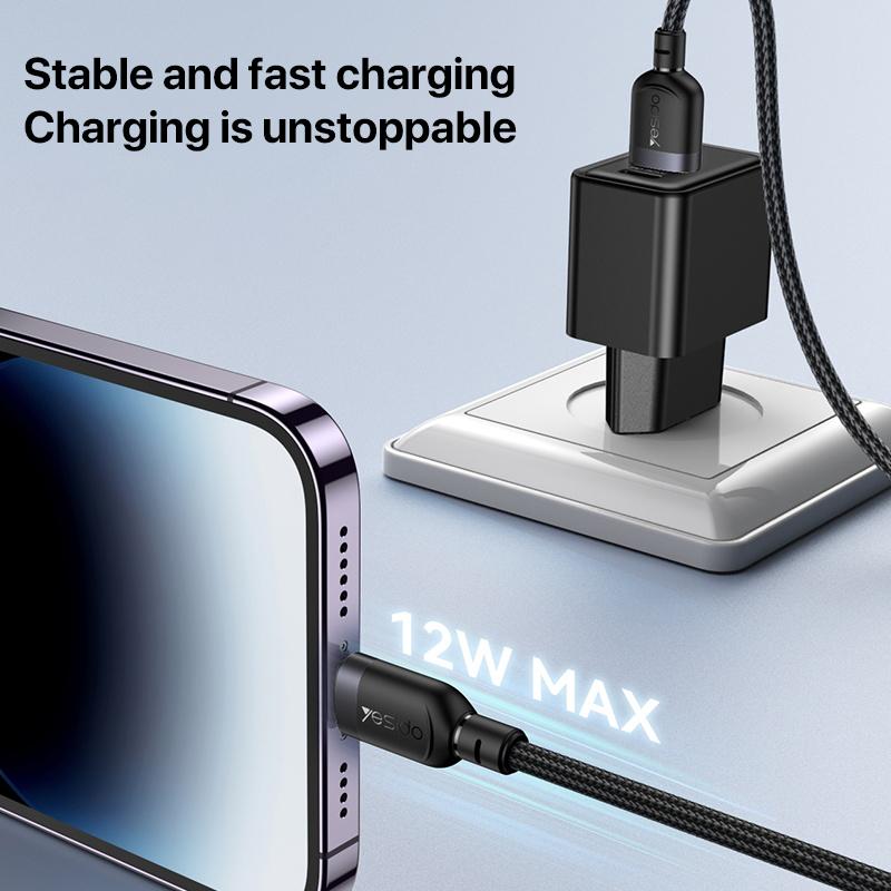كابل يسيدو Yesido CA132L بطول 1.2 متر (USB-A إلى Lightning) بقوة 12 واط - تصميم مضفر مصفح وهيكل من سبائك الألومنيوم