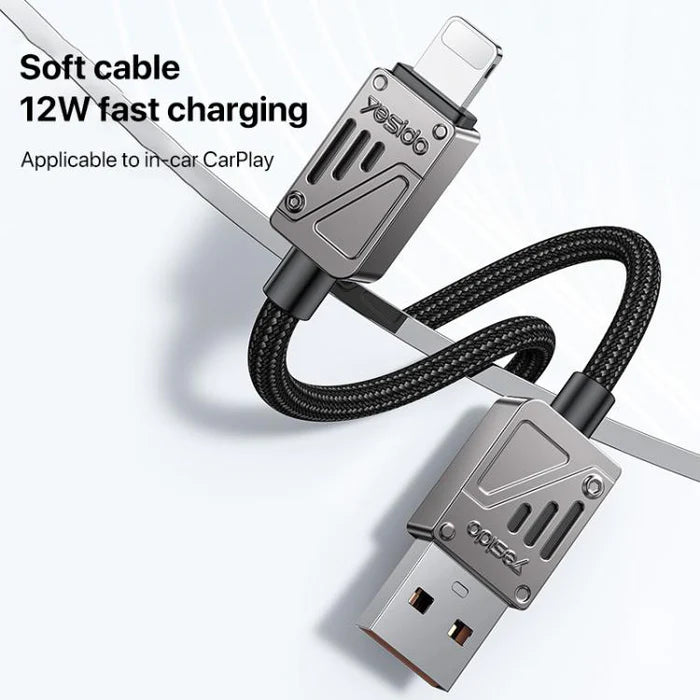 كابل يسيدو Yesido CA135L بطول 1.2 متر (USB-A إلى Lightning) بقوة 12 واط - تصميم مضفر بلونين متميزين وهيكل من سبائك الزنك