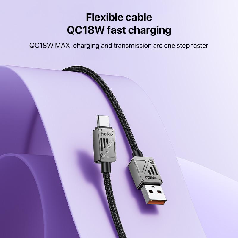 كابل يسيِدو Yesido CA135C بطول 1.2 متر (USB-A إلى Type-C) بقوة 18 واط - تصميم مضفر بلونين متميزين وهيكل من سبائك الزنك