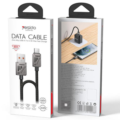 كابل يسيِدو Yesido CA135C بطول 1.2 متر (USB-A إلى Type-C) بقوة 18 واط - تصميم مضفر بلونين متميزين وهيكل من سبائك الزنك