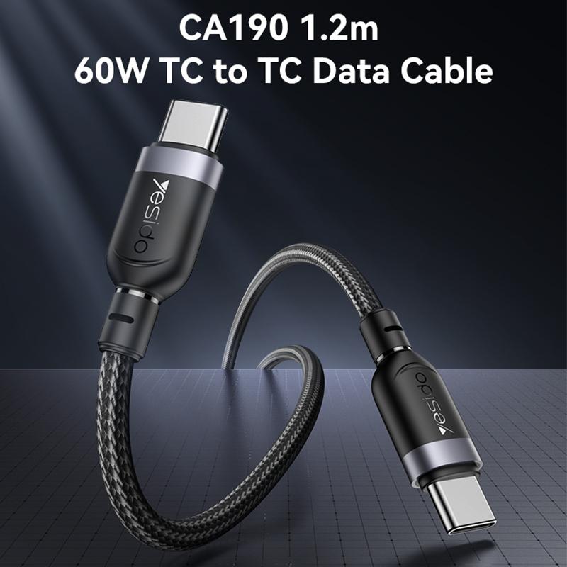 كابل يسيدو Yesido CA190 المتين (Type-C إلى Type-C) بقوة 60 واط وطول 1.2 متر - شحن سريع ونقل بيانات فائق