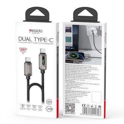 كابل يسيدو Yesido CA198 المضيء (Type-C إلى Type-C) بقوة 60 واط وطول 1.2 متر - شحن ذكي فائق السرعة