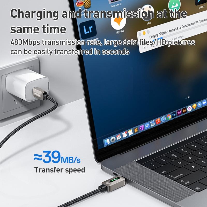 كابل يسيدو Yesido CA198 المضيء (Type-C إلى Type-C) بقوة 60 واط وطول 1.2 متر - شحن ذكي فائق السرعة