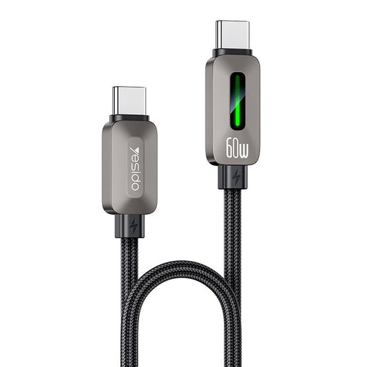 Yesido CA198 Glowing Type-C to Type-C Data Cable – 60W PD Fast Charging, 1.2m Durable Braided Design (Black)