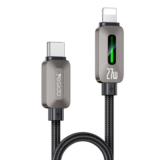 Yesido CA199 Glowing Type-C to Lightning Data Cable – 27W Fast Charging, 1.2m Durable Braided Design (Gray)