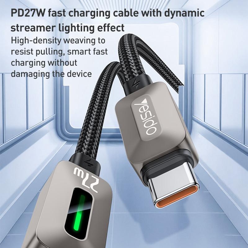 كابل يسيدو Yesido CA199 المضيء (Type-C إلى Lightning) بقوة 27 واط وطول 1.2 متر - رمادي