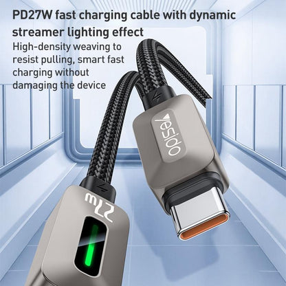 كابل يسيدو Yesido CA199 المضيء (Type-C إلى Lightning) بقوة 27 واط وطول 1.2 متر - رمادي