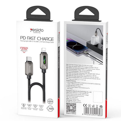 كابل يسيدو Yesido CA199 المضيء (Type-C إلى Lightning) بقوة 27 واط وطول 1.2 متر - رمادي