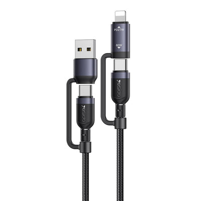 Yesido CA200 4-in-1 Fast Charging & Data Cable – 1.2m Durable Braided Design, 60W Power Delivery (Black)