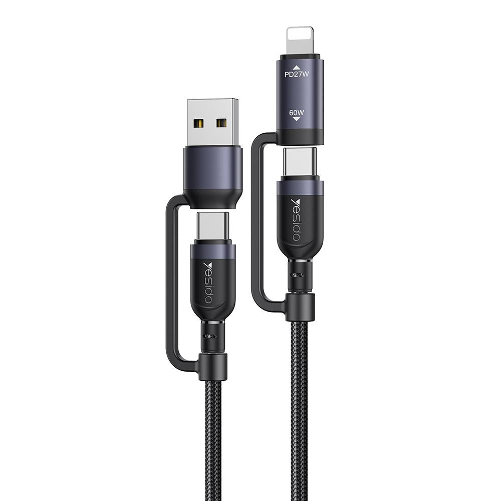 Yesido CA200 4-in-1 Fast Charging & Data Cable – 1.2m Durable Braided Design, 60W Power Delivery (Black)