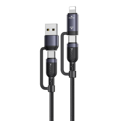 Yesido CA200 4-in-1 Fast Charging & Data Cable – 1.2m Durable Braided Design, 60W Power Delivery (Black)