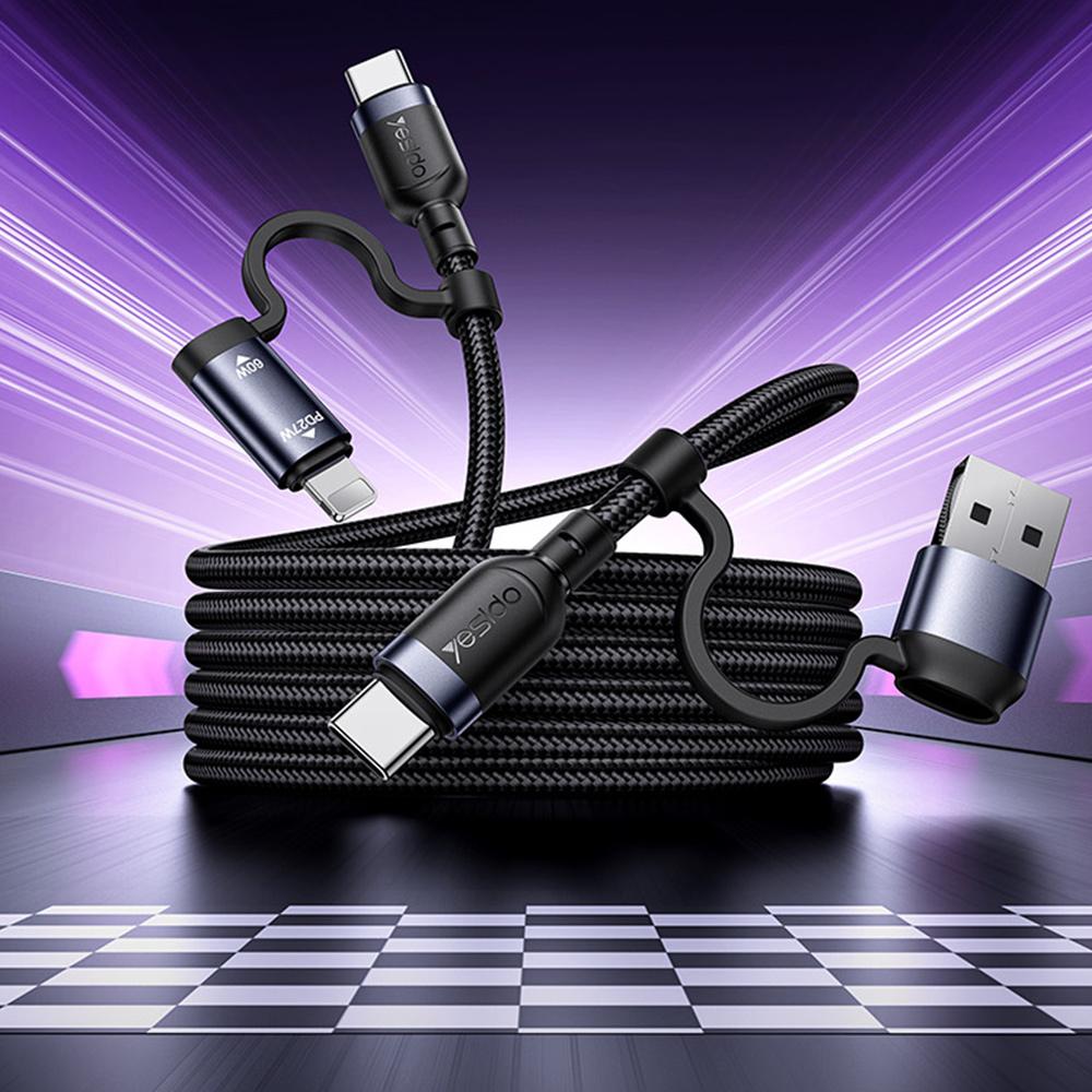 Yesido CA200 4-in-1 Fast Charging & Data Cable – 1.2m Durable Braided Design, 60W Power Delivery (Black)