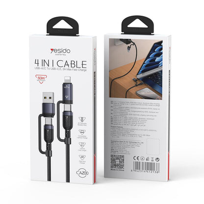 Yesido CA200 4-in-1 Fast Charging & Data Cable – 1.2m Durable Braided Design, 60W Power Delivery (Black)