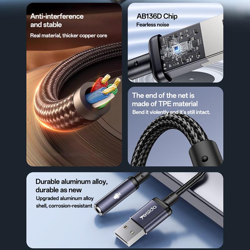 Yesido YAU46 USB to 3.5mm Digital Audio Jack Adapter – Premium DAC Chip (16bit/48KHZ), Aluminum Alloy Connectors & TPE Cable Supporting Voice Calls