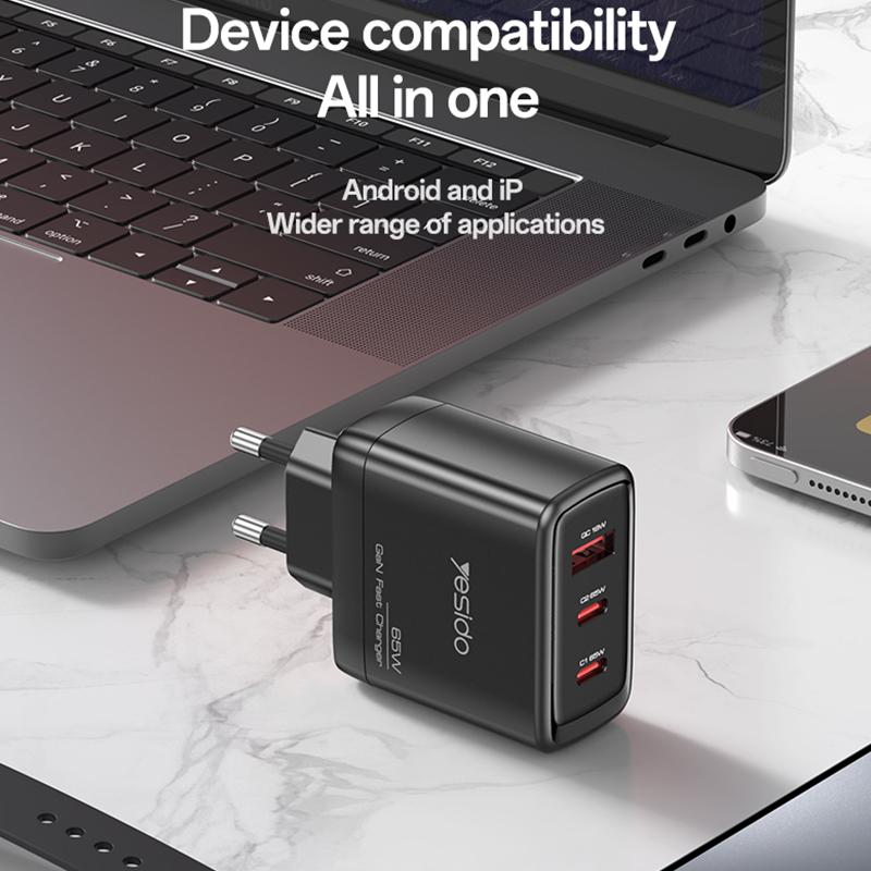 Yesido YC144C 65W GaN Fast Charger – 3 Ports (2C+1A) with 1.2m Type-C to Type-C Cable