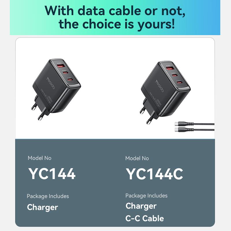 Yesido YC144C 65W GaN Fast Charger – 3 Ports (2C+1A) with 1.2m Type-C to Type-C Cable