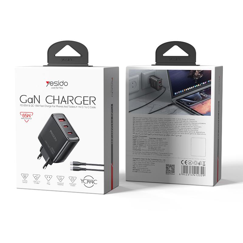 Yesido YC144C 65W GaN Fast Charger – 3 Ports (2C+1A) with 1.2m Type-C to Type-C Cable