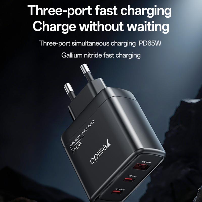Yesido YC144C 65W GaN Fast Charger – 3 Ports (2C+1A) with 1.2m Type-C to Type-C Cable