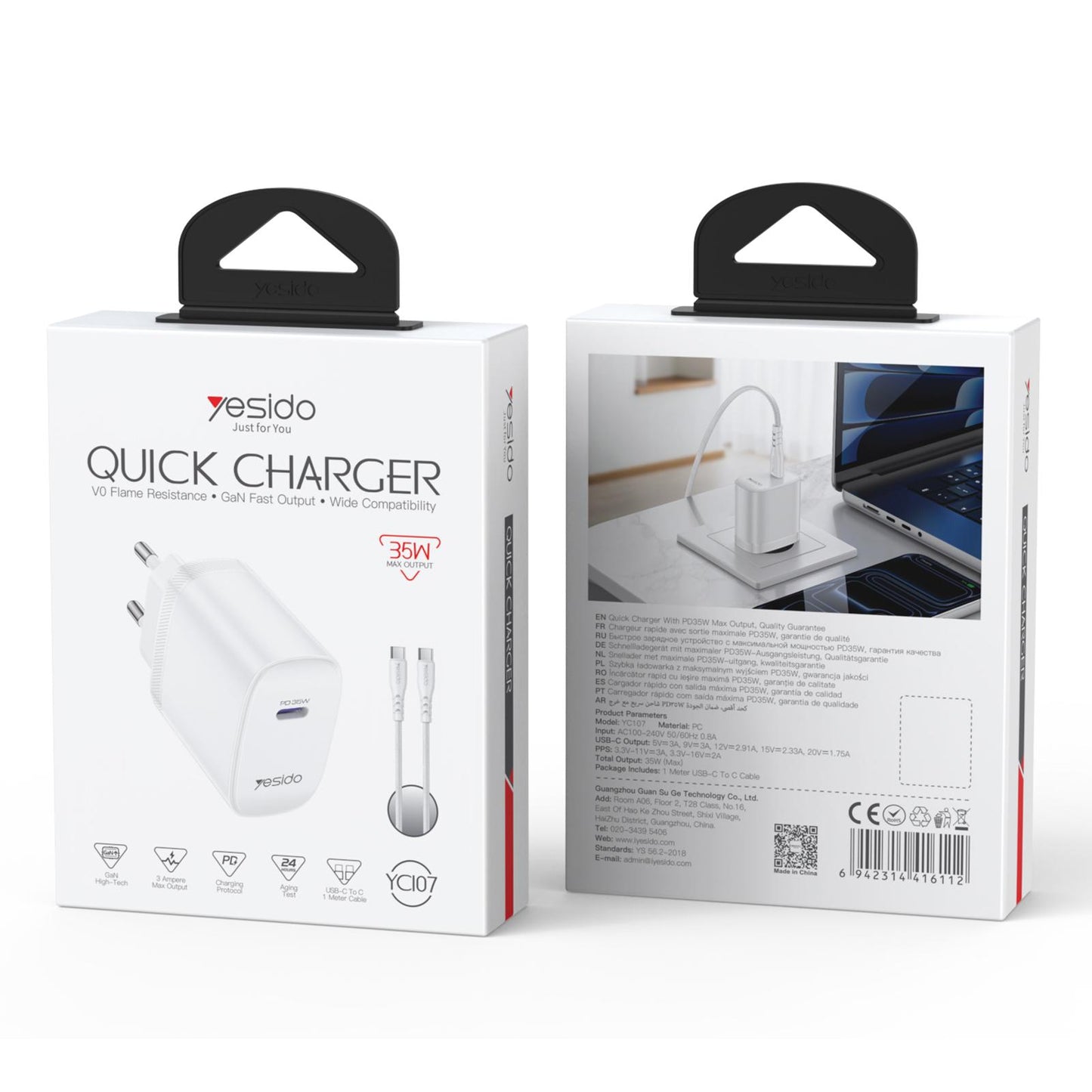 Yesido YC107 35W Single Port Fast Wall Charger – Type-C PD with Type-C to Type-C Cable