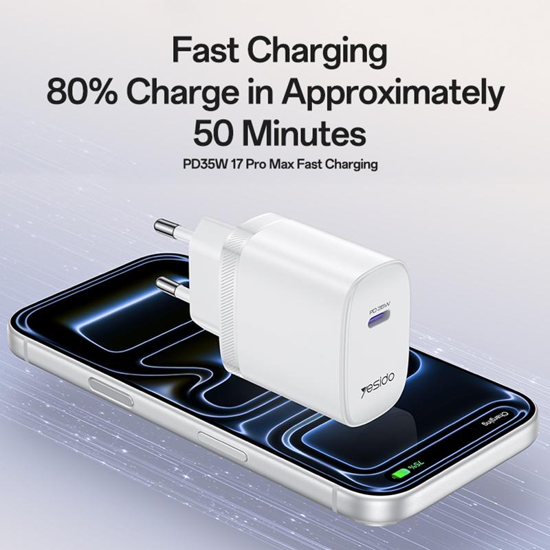 Yesido YC107 35W Single Port Fast Wall Charger – Type-C PD with Type-C to Type-C Cable