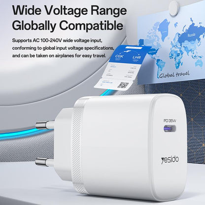 Yesido YC107 35W Single Port Fast Wall Charger – Type-C PD with Type-C to Type-C Cable
