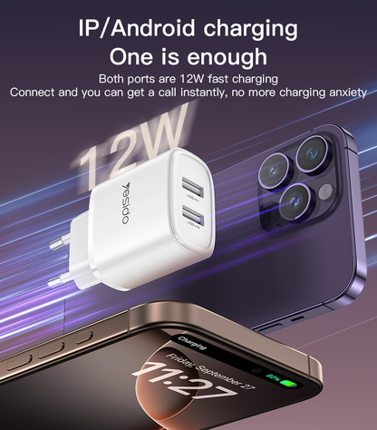 شاحن Yesido YC72 بمنفذين USB-A وقوة 12 واط - شاحن سفر ذكي وآمن بفيش EU